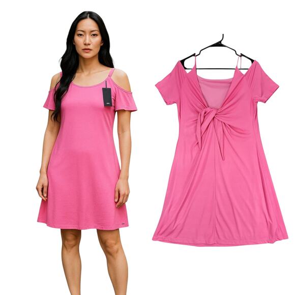 Armani Exchange Mini Slip Dress M Women Hot Pink Stretch Flowy Cold Shoulder NEW - Picture 1 of 12